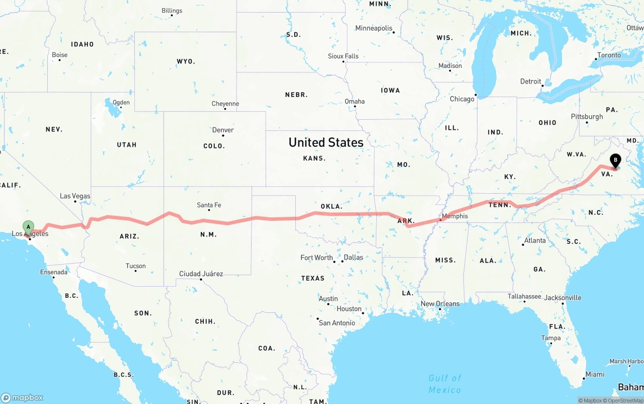 Shipping route from Bob Hope Airport to Virginia