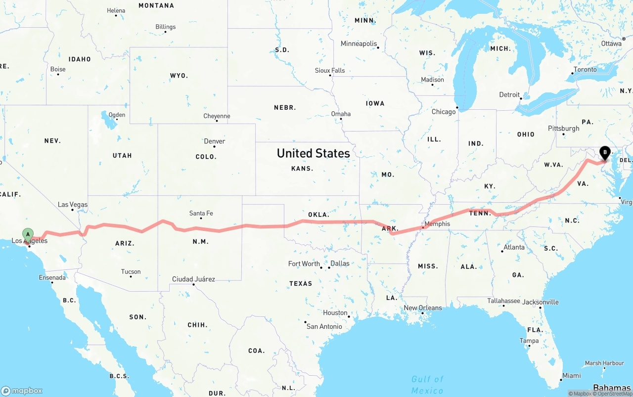 Shipping route from Bob Hope Airport to Washington D.C.