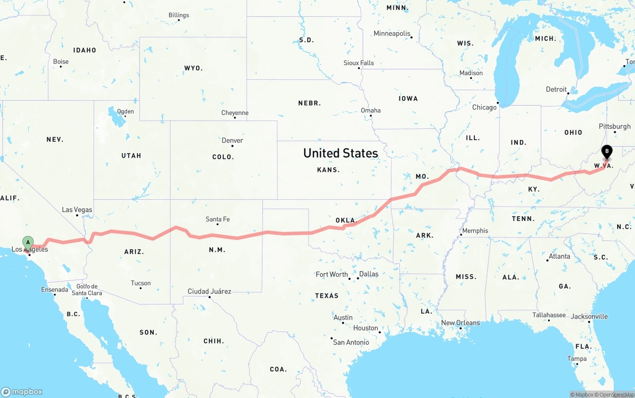 Shipping route from Bob Hope Airport to West Virginia