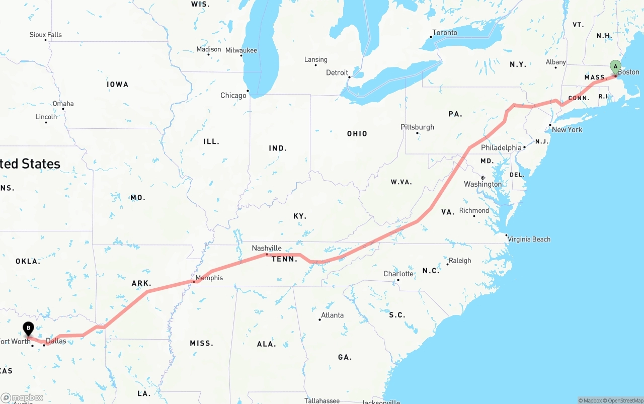 Shipping route from Boston to Aurora