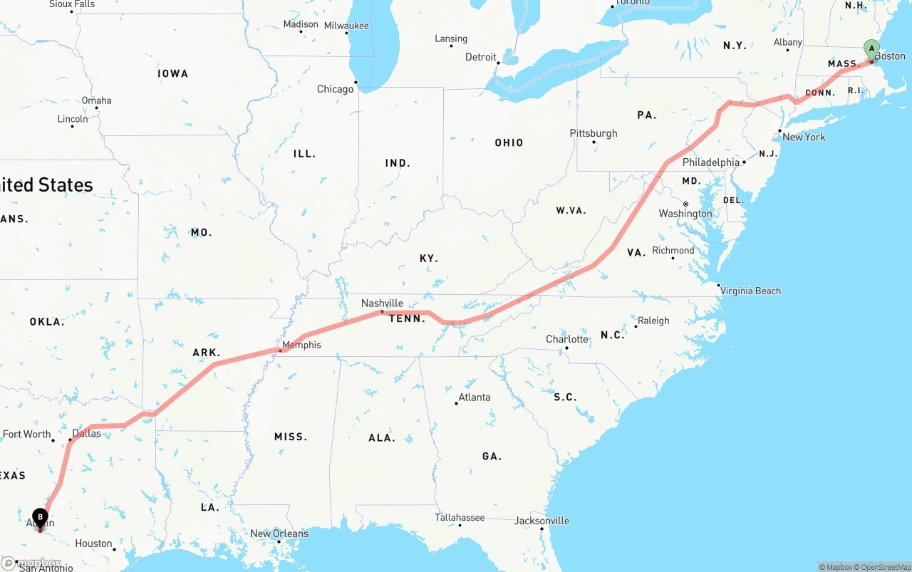 Shipping route from Boston to Austin
