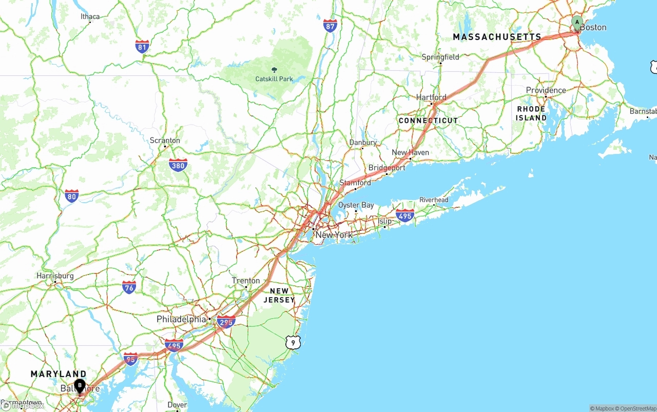 Shipping route from Boston to Baltimore