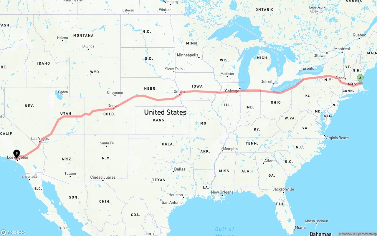 Shipping route from Boston to Bob Hope Airport