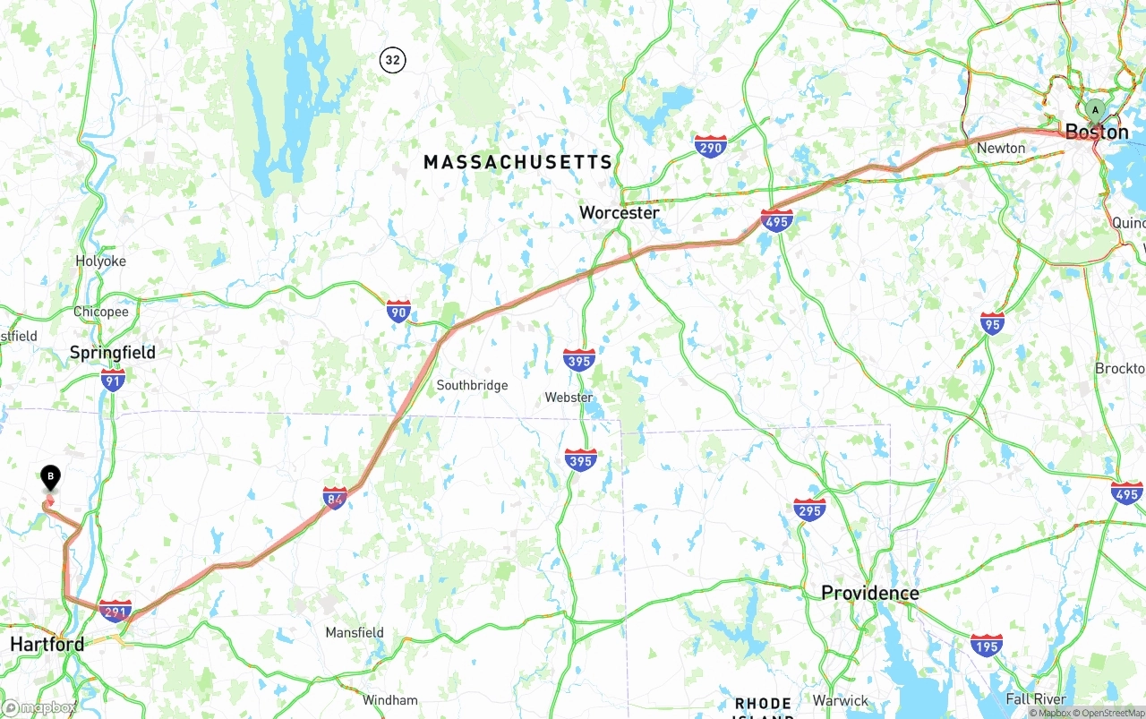 Shipping route from Boston to Bradley International Airport