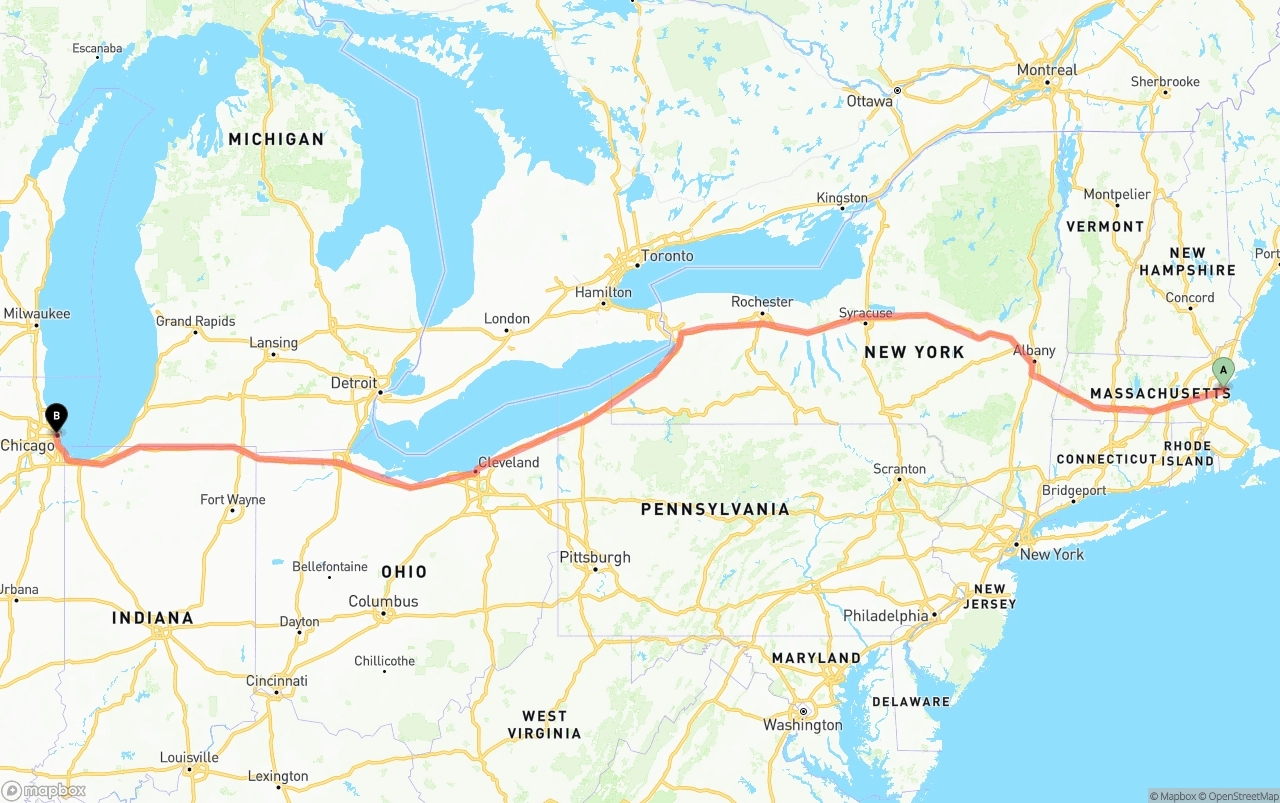 Shipping route from Boston to Chicago
