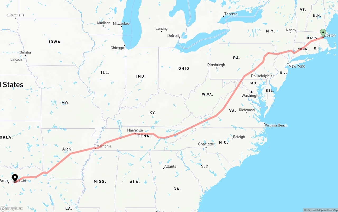 Shipping route from Boston to Dallas