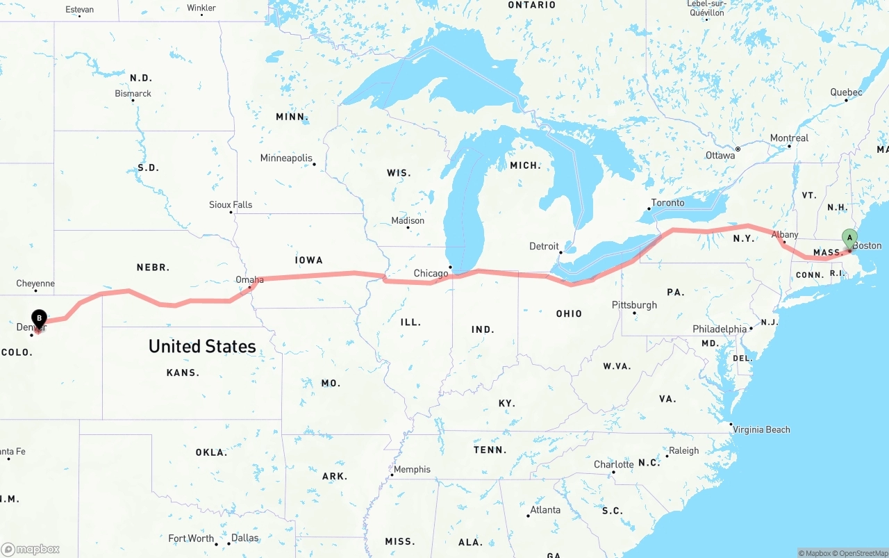 Shipping route from Boston to Denver International Airport