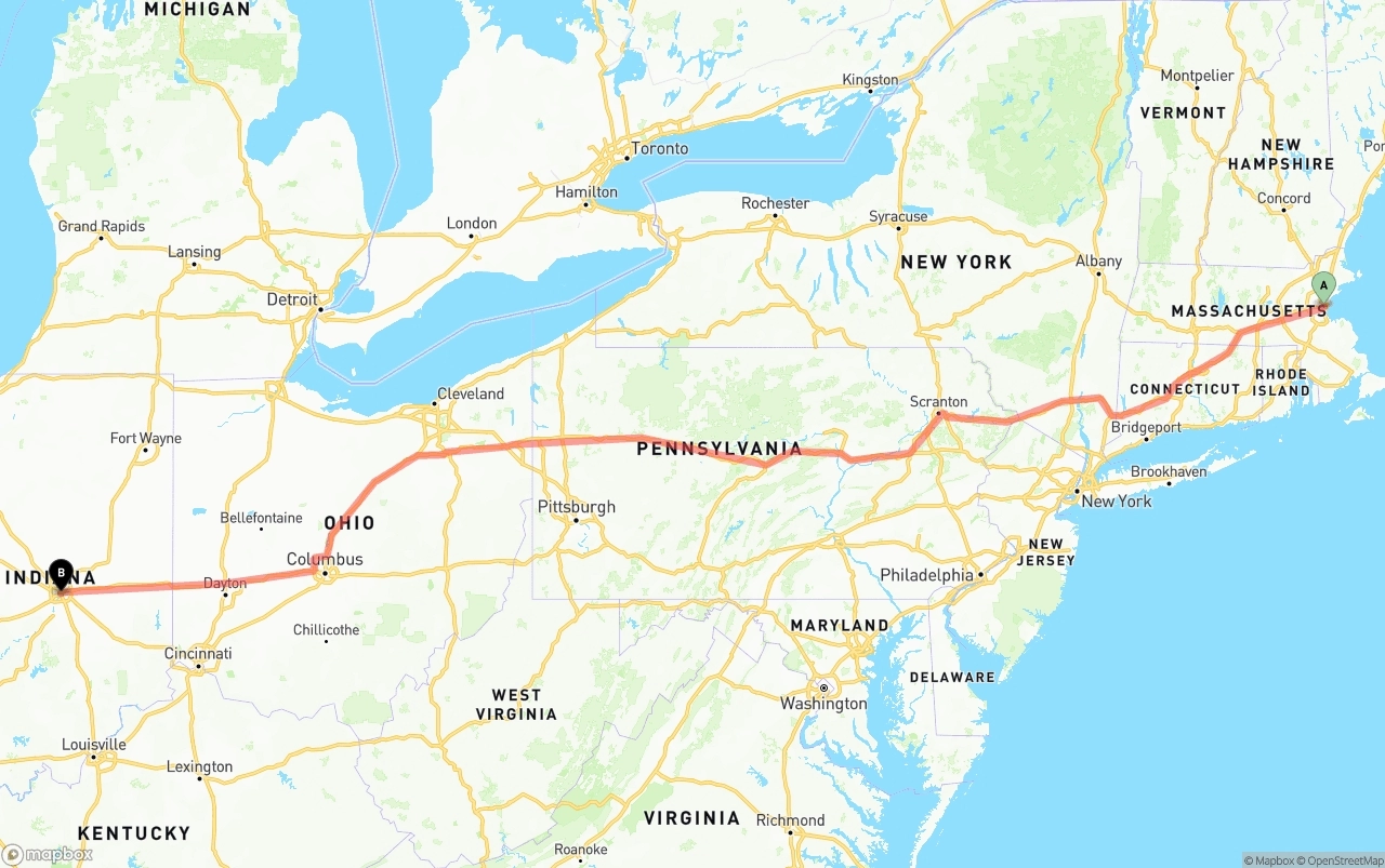 Shipping route from Boston to Indianapolis
