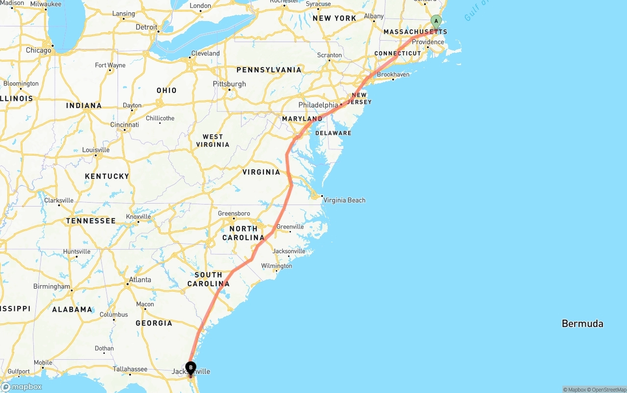 Shipping route from Boston to Jacksonville