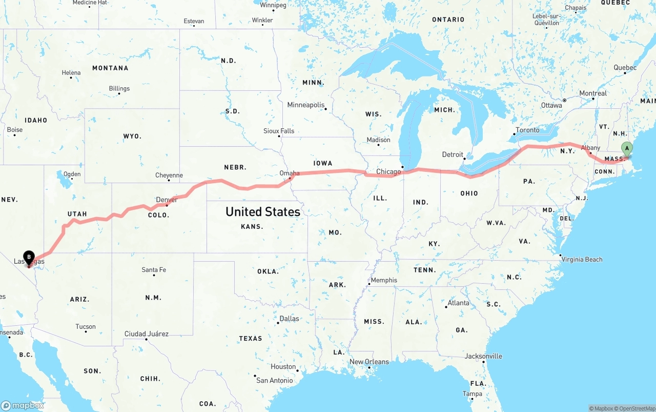 Shipping route from Boston to Las Vegas