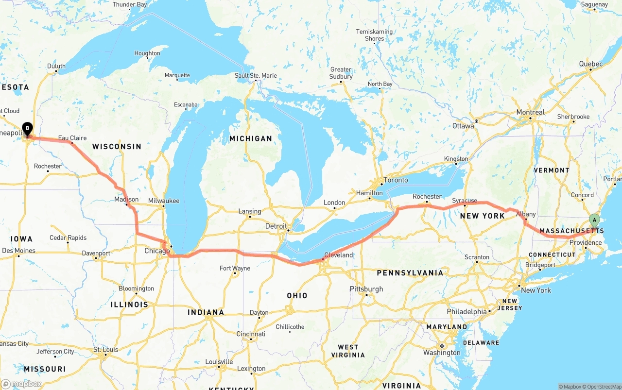Shipping route from Boston to Minneapolis