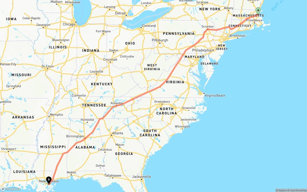 Shipping route from Boston to New Orleans