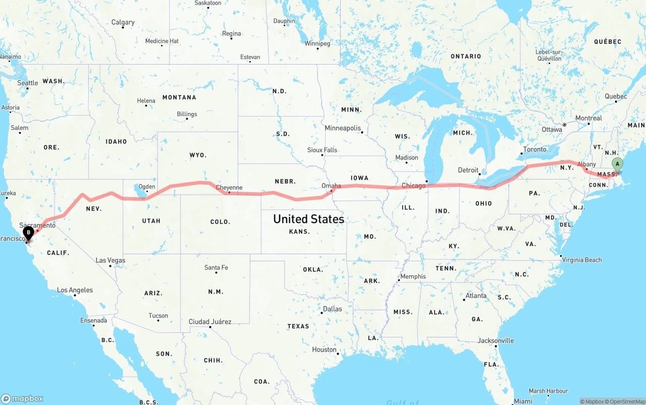 Shipping route from Boston to Oakland