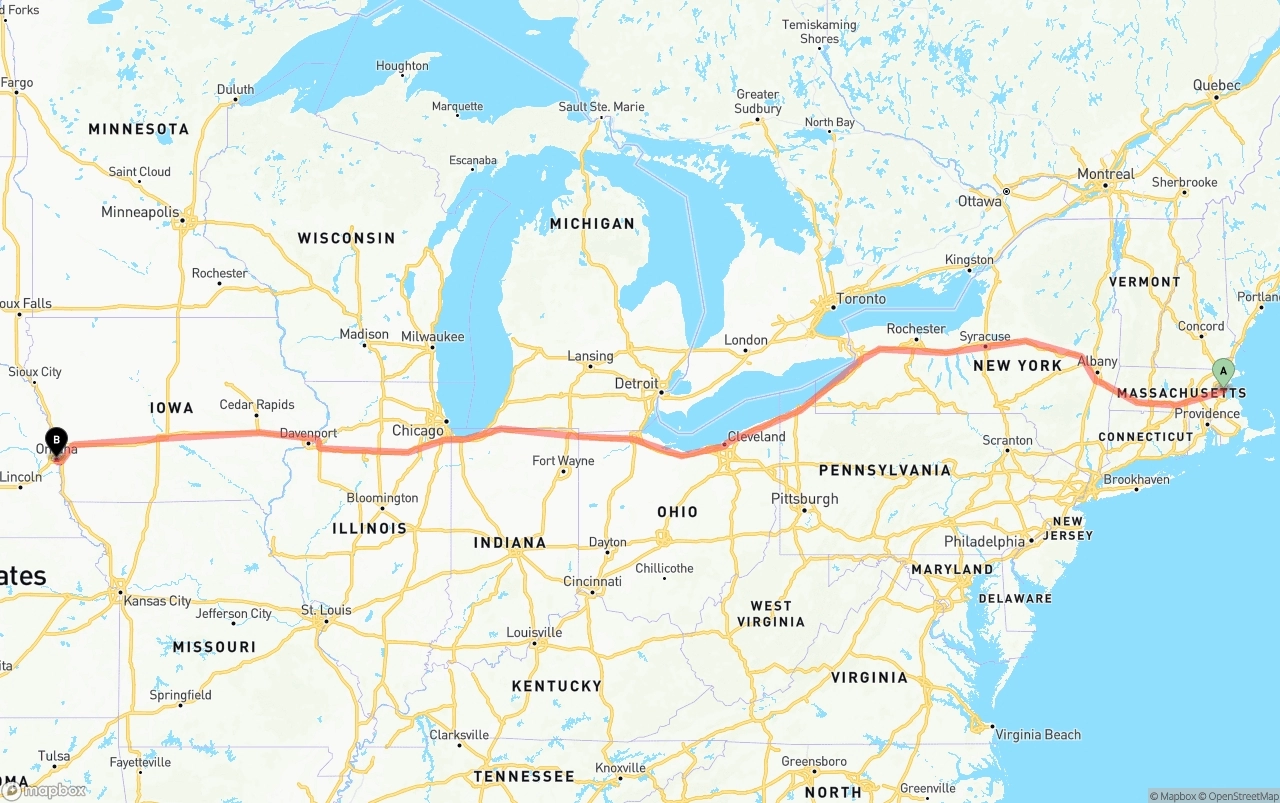 Shipping route from Boston to Omaha