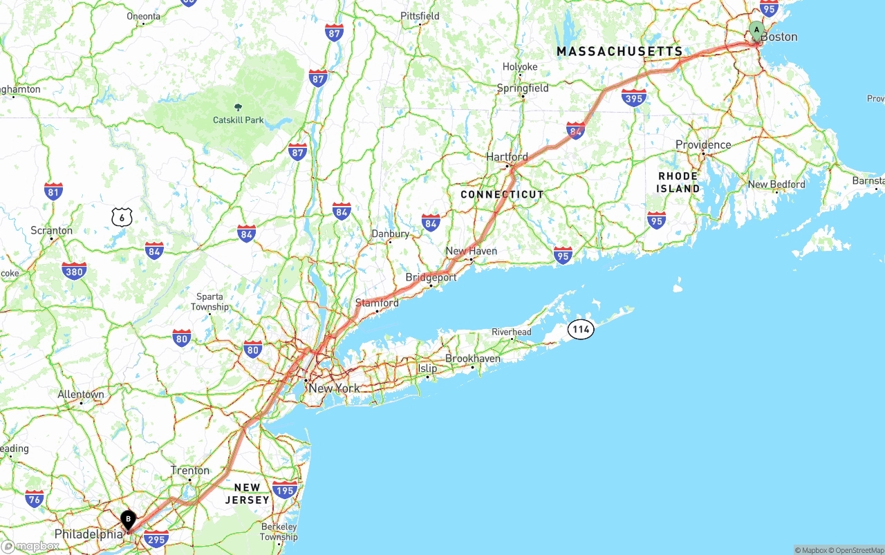 Shipping route from Boston to Philadelphia