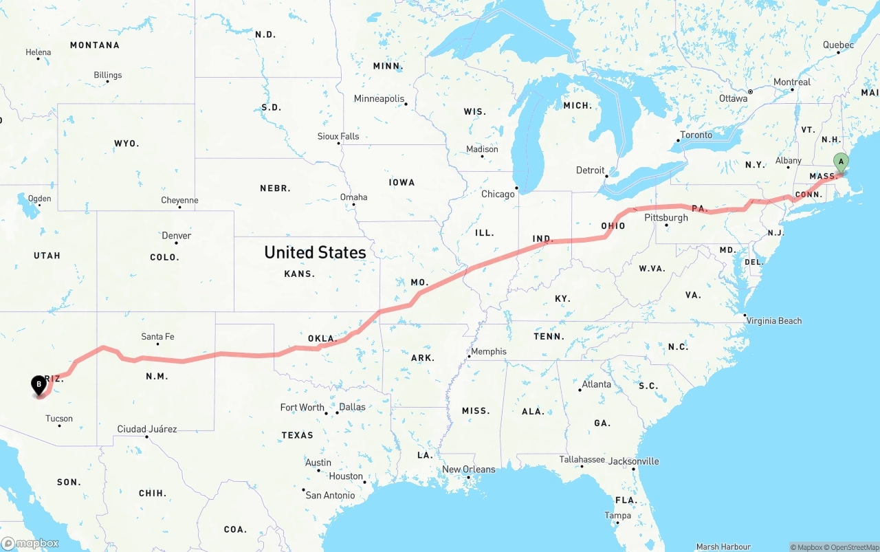 Shipping route from Boston to Phoenix Sky Harbor International Airport