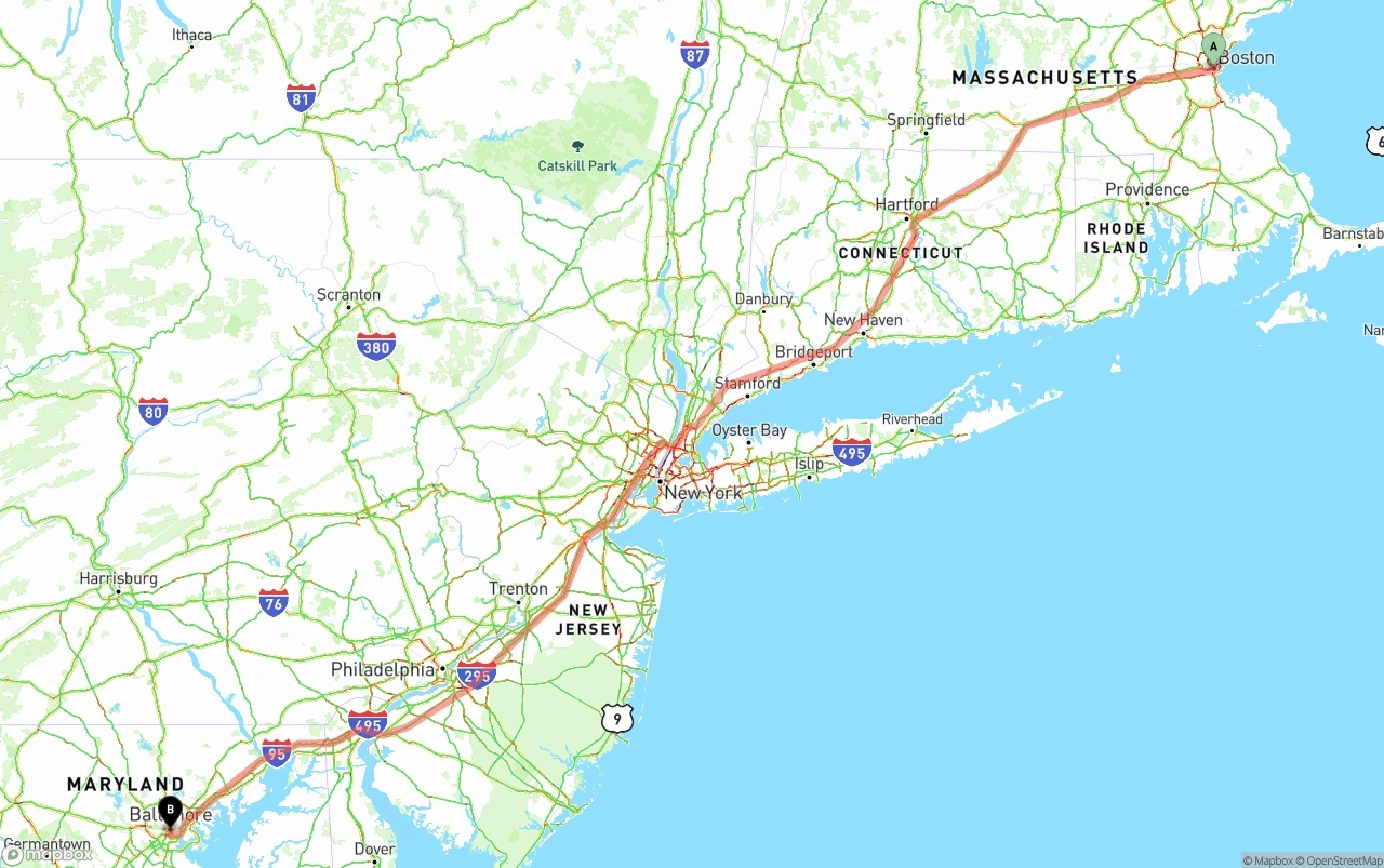 Shipping route from Boston to Port of Baltimore
