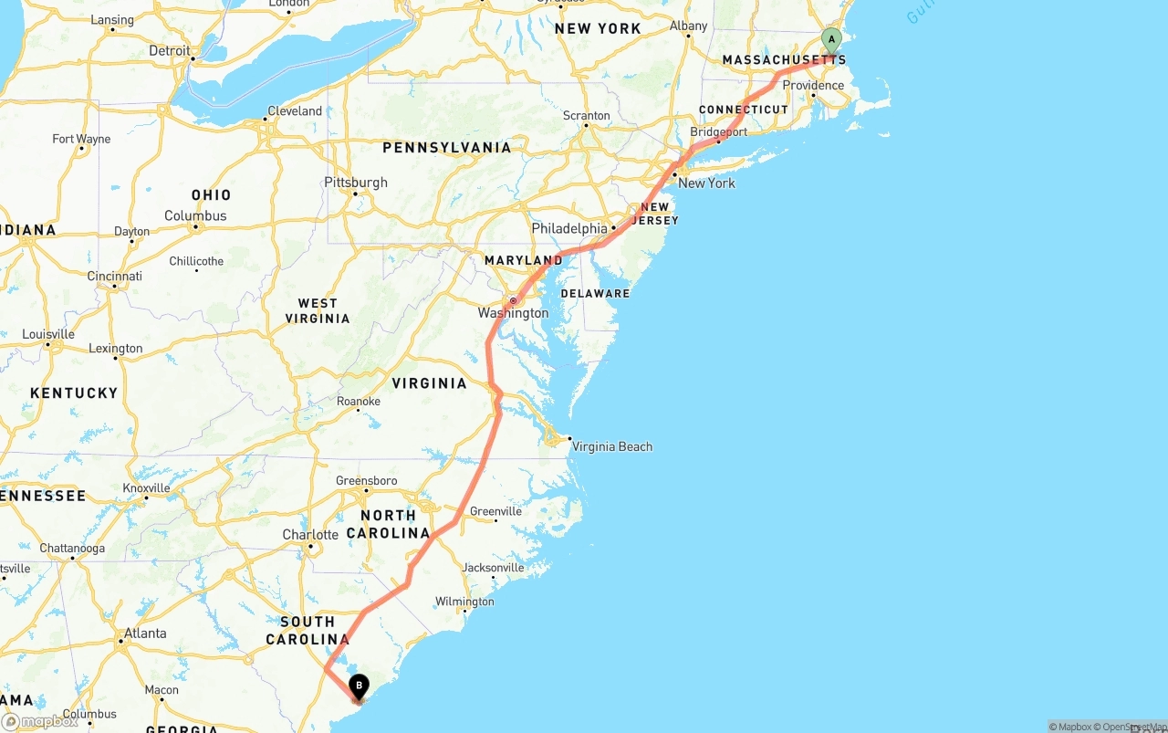 Shipping route from Boston to Port of Charleston