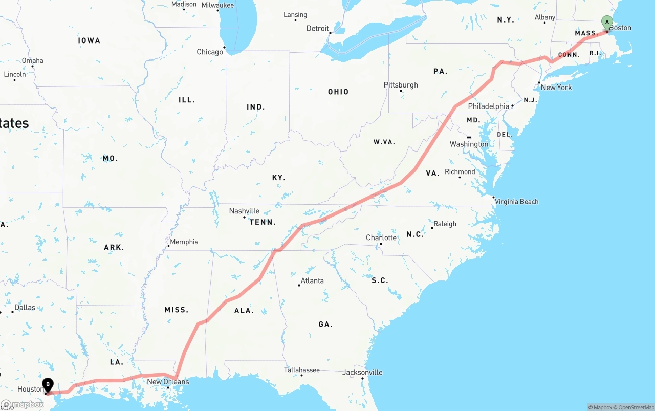Shipping route from Boston to Port of Houston