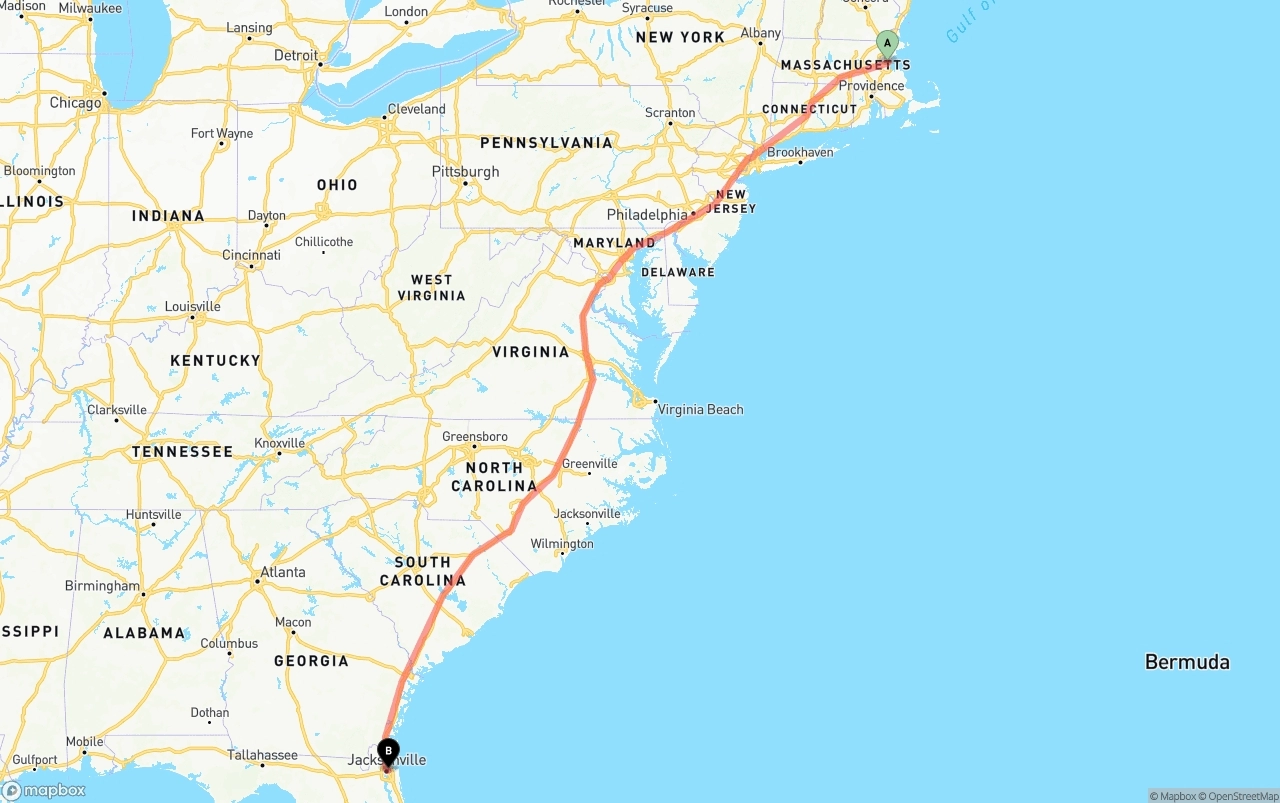Shipping route from Boston to Port of Jacksonville