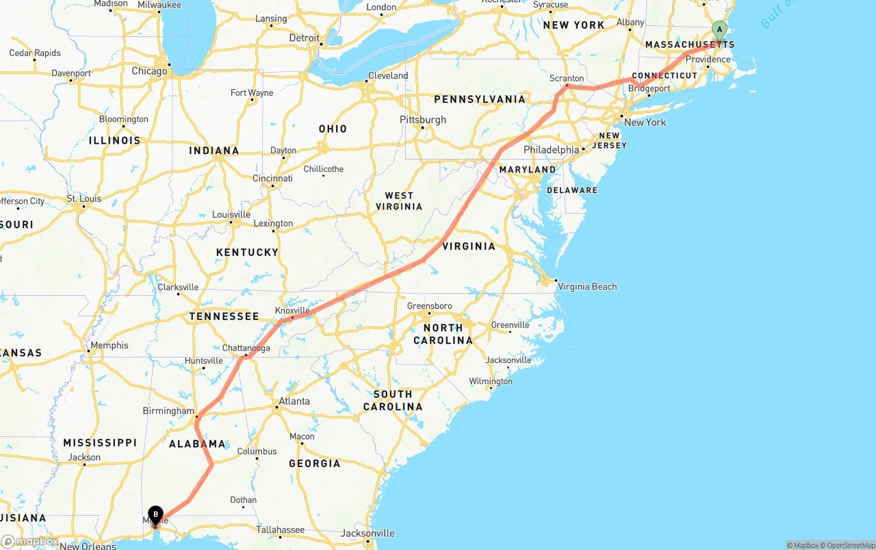 Shipping route from Boston to Port of Mobile
