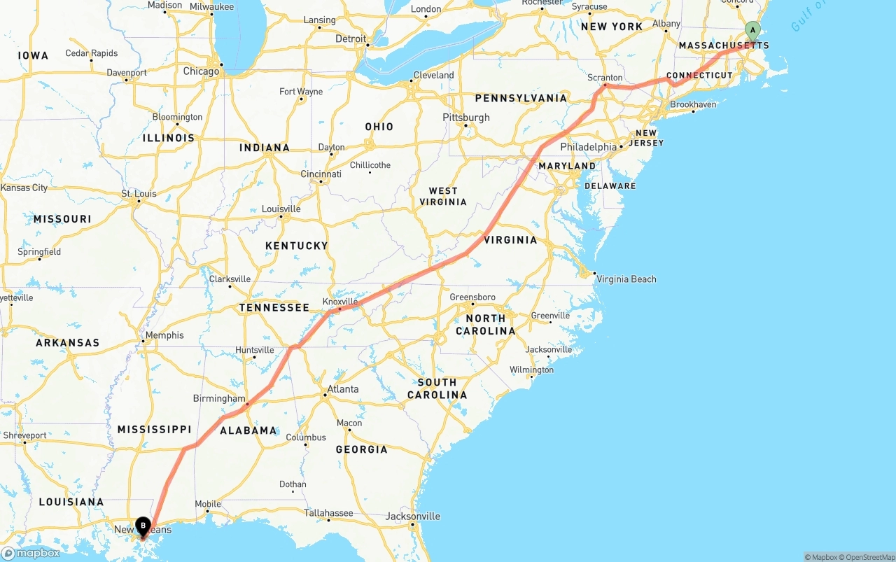 Shipping route from Boston to Port of New Orleans
