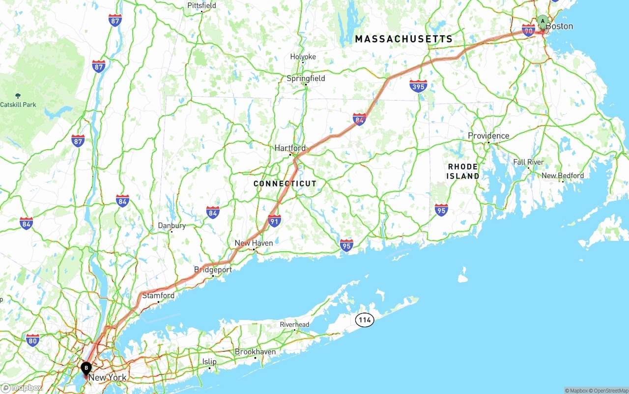 Shipping route from Boston to Port of New York