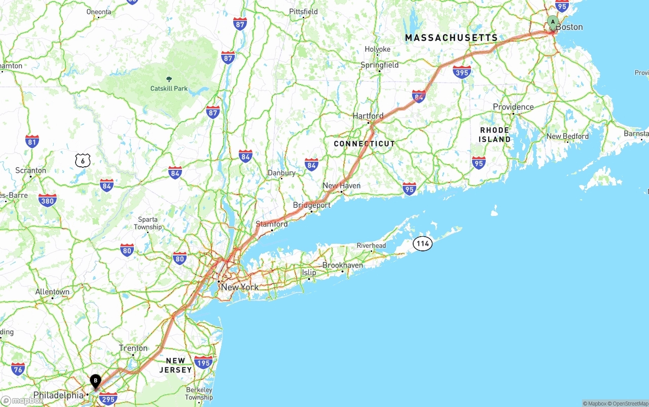 Shipping route from Boston to Port of Philadelphia