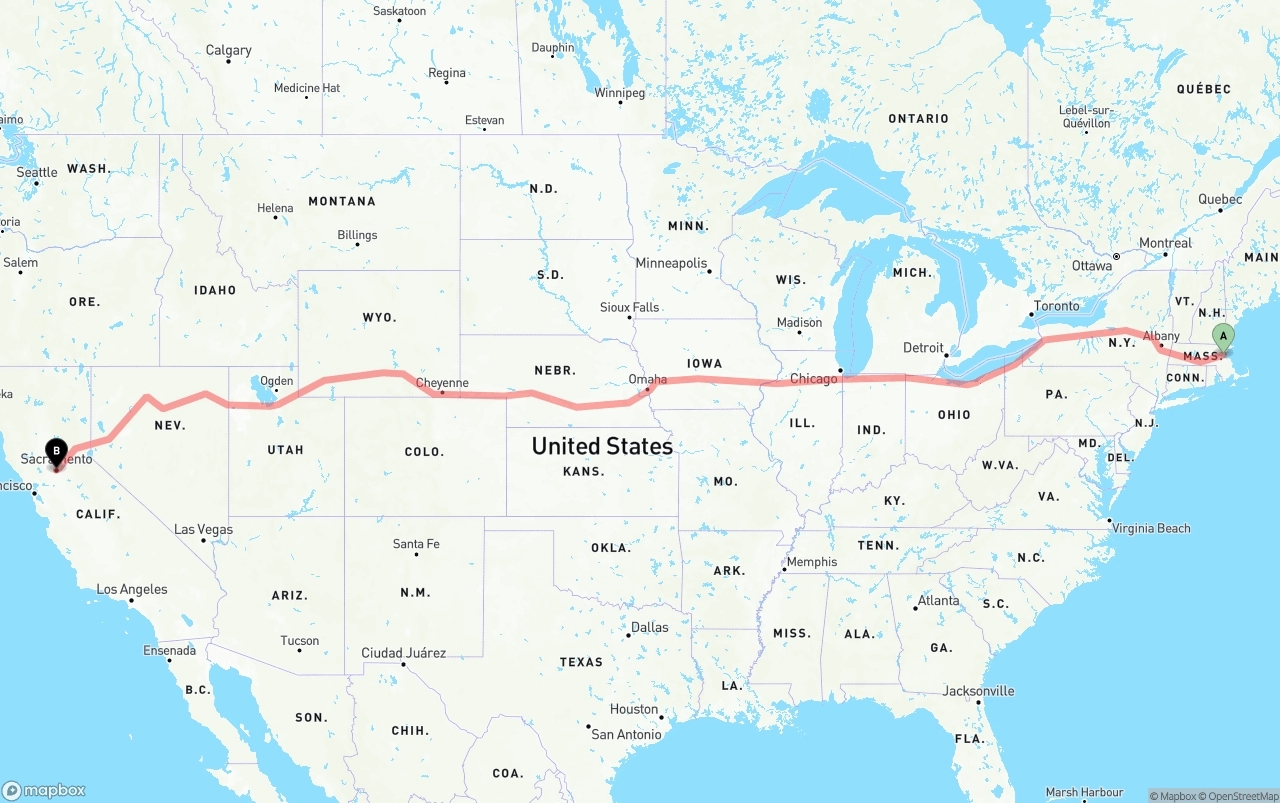 Shipping route from Boston to Sacramento