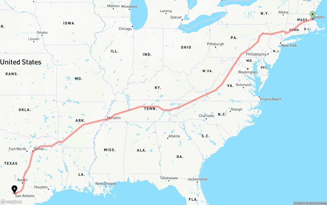 Shipping route from Boston to San Antonio