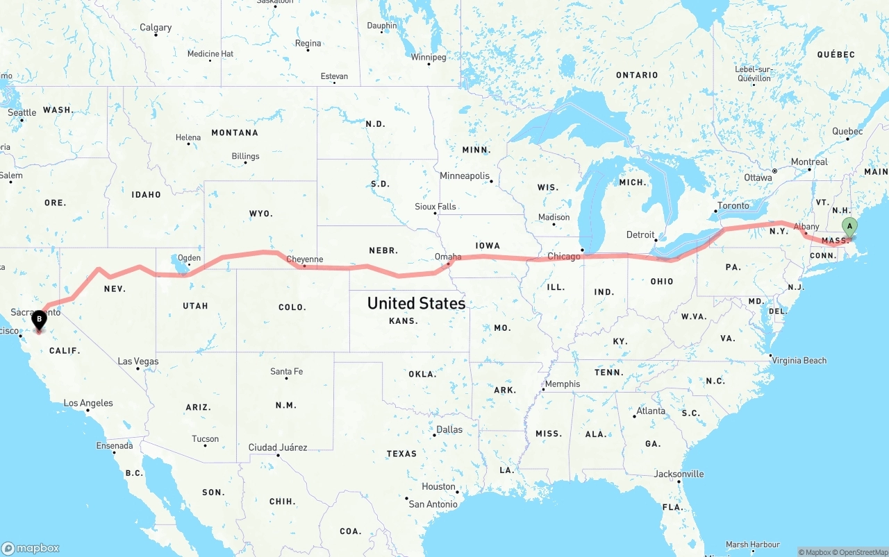 Shipping route from Boston to Stockton