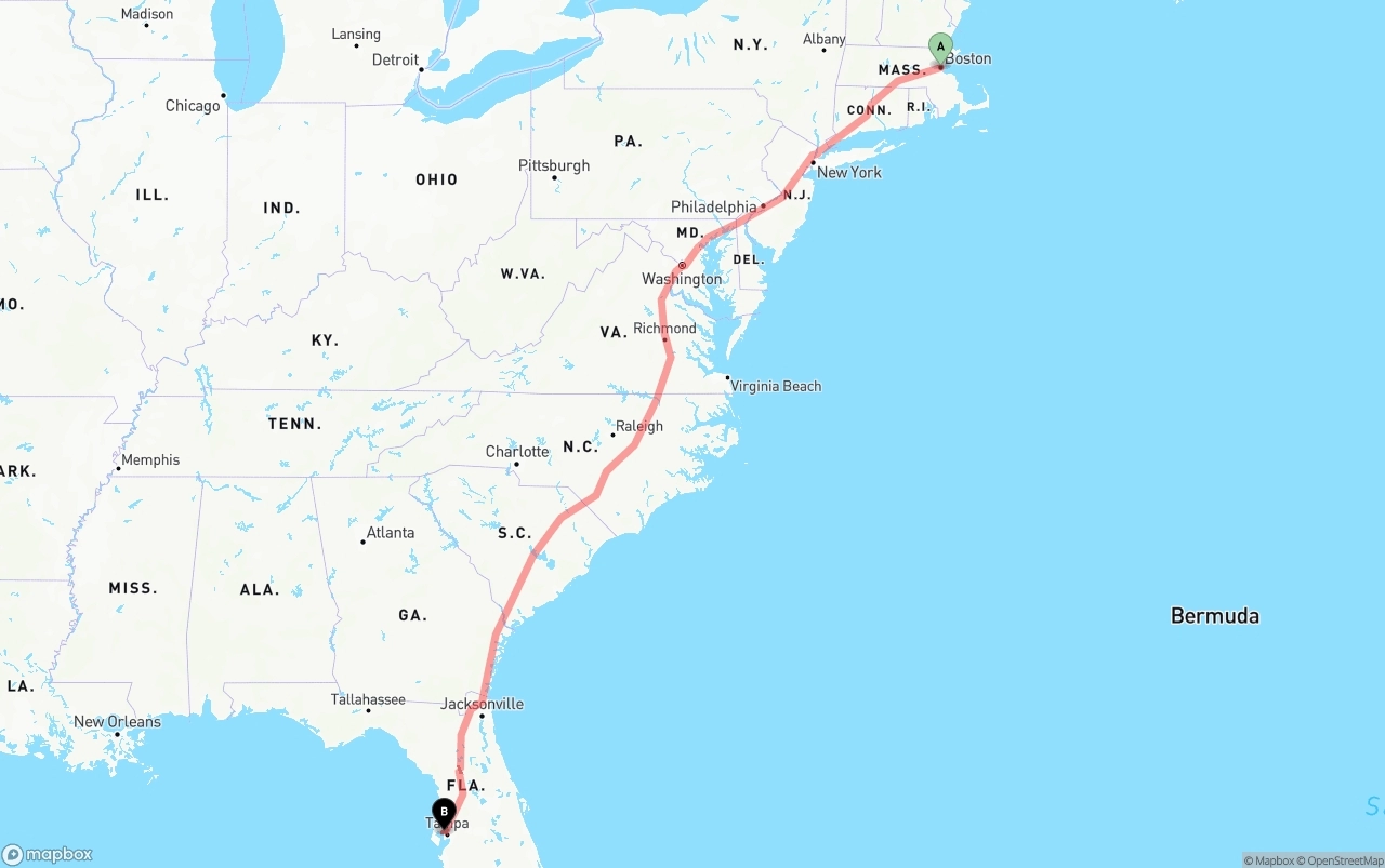 Shipping route from Boston to Tampa International Airport