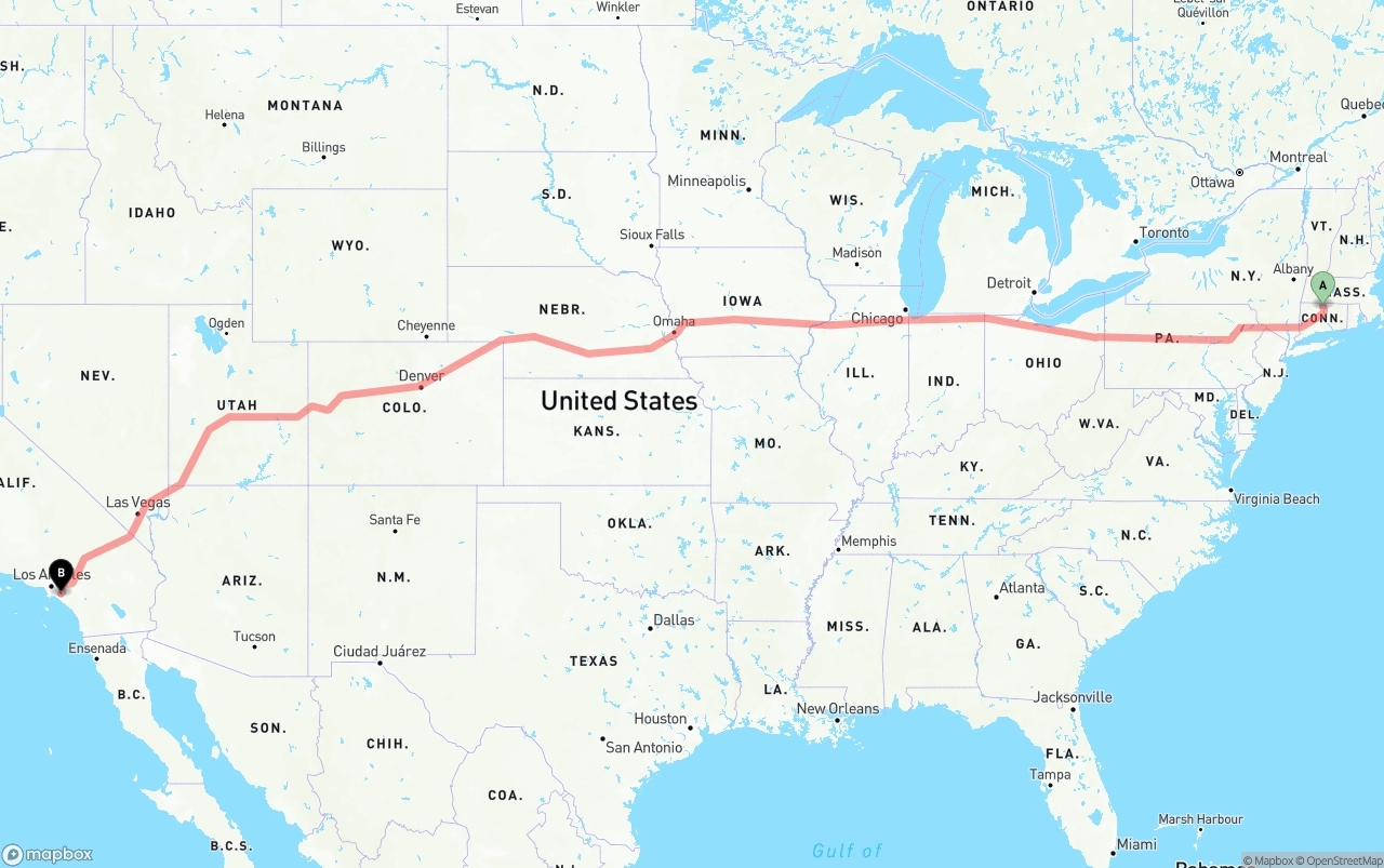 Shipping route from Bradley International Airport to Anaheim