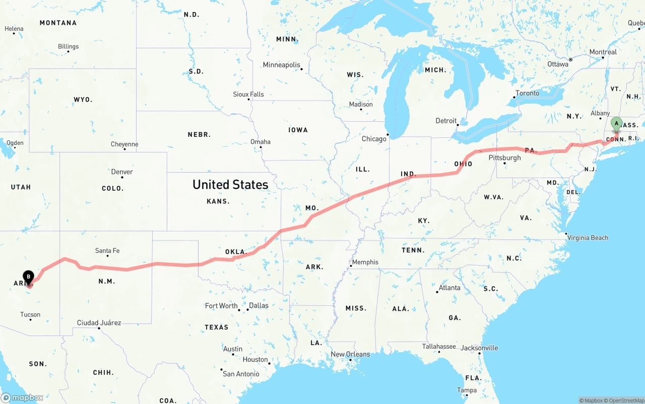 Shipping route from Bradley International Airport to Arizona