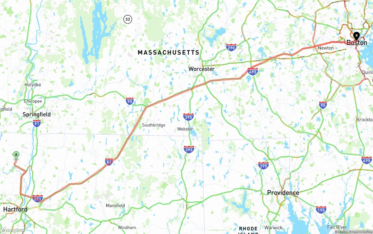Shipping route from Bradley International Airport to Boston