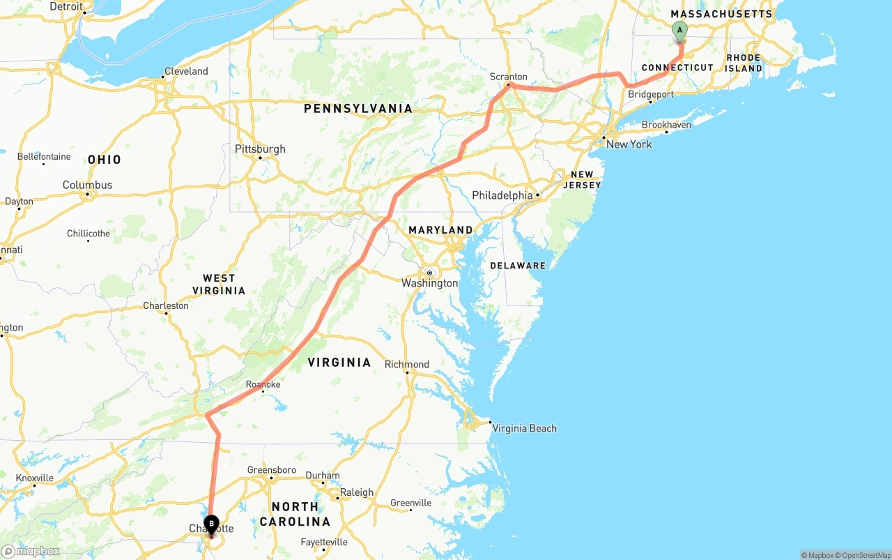 Shipping route from Bradley International Airport to Charlotte