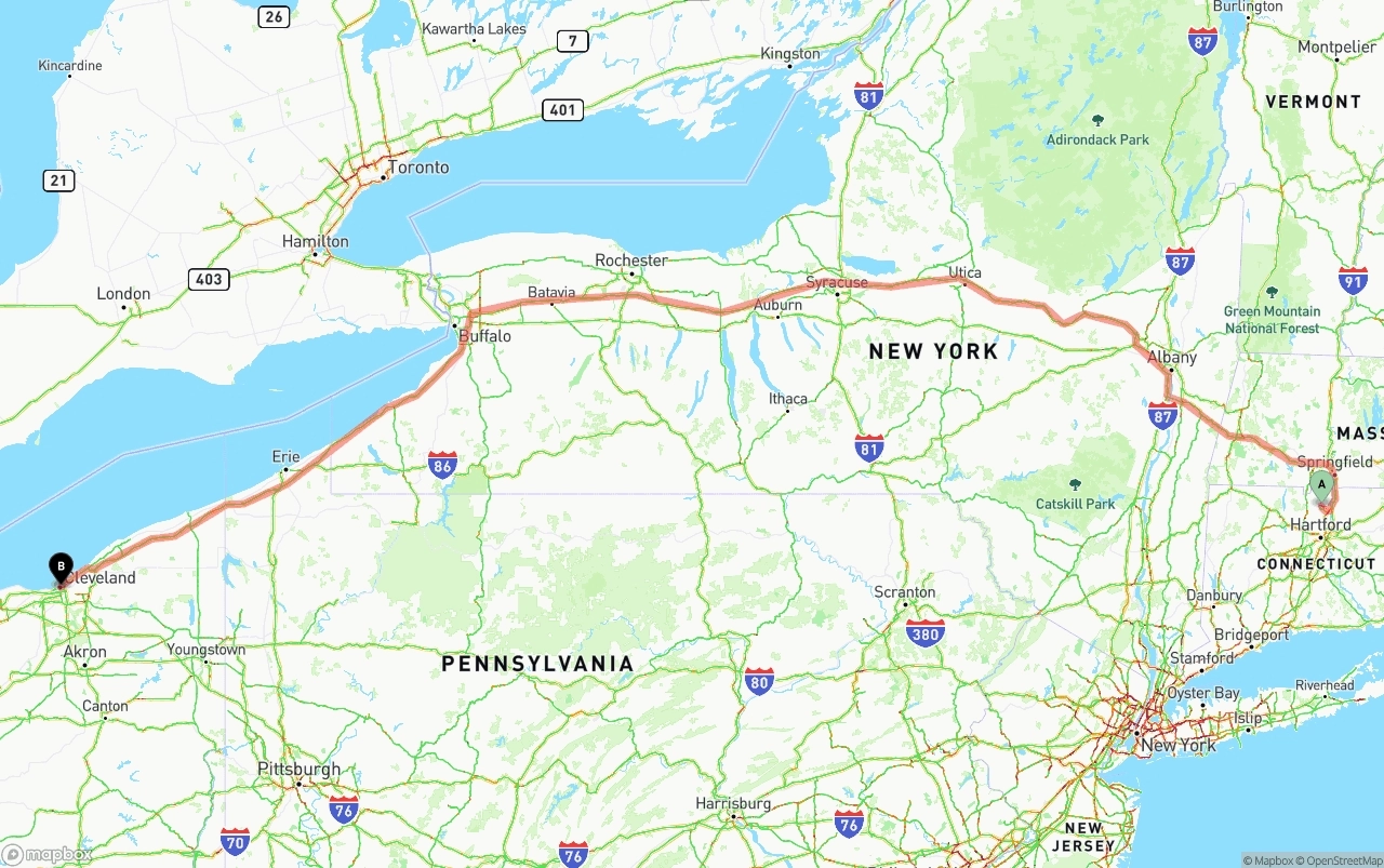 Shipping route from Bradley International Airport to Cleveland
