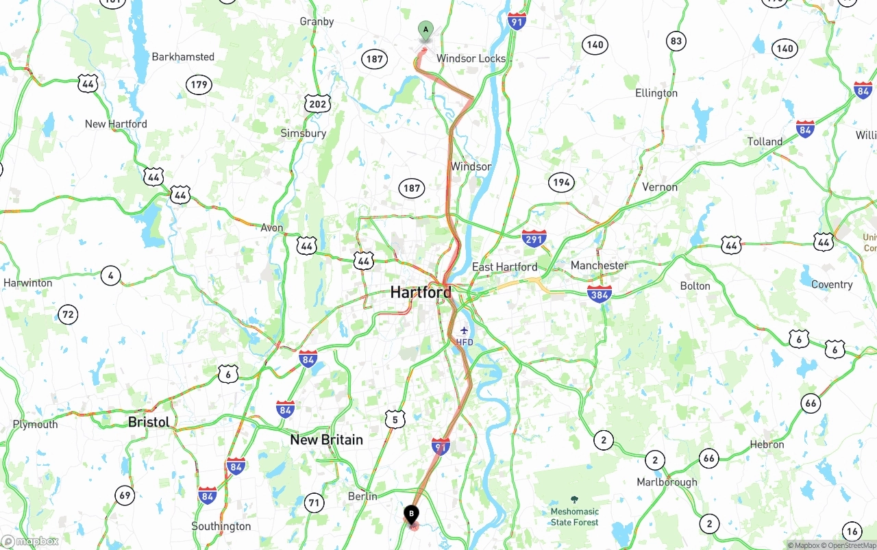 Shipping route from Bradley International Airport to Connecticut
