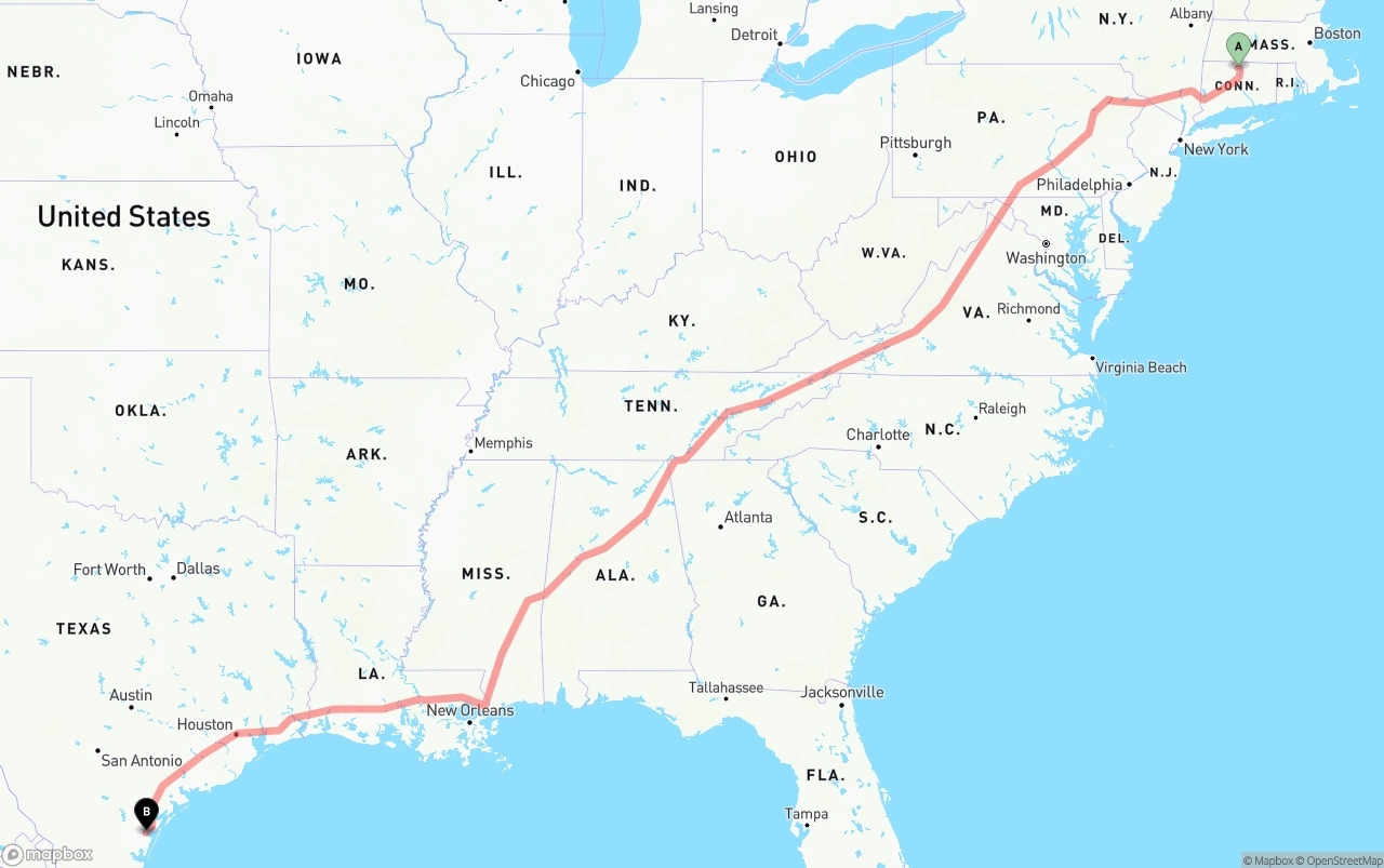 Shipping route from Bradley International Airport to Corpus Christi