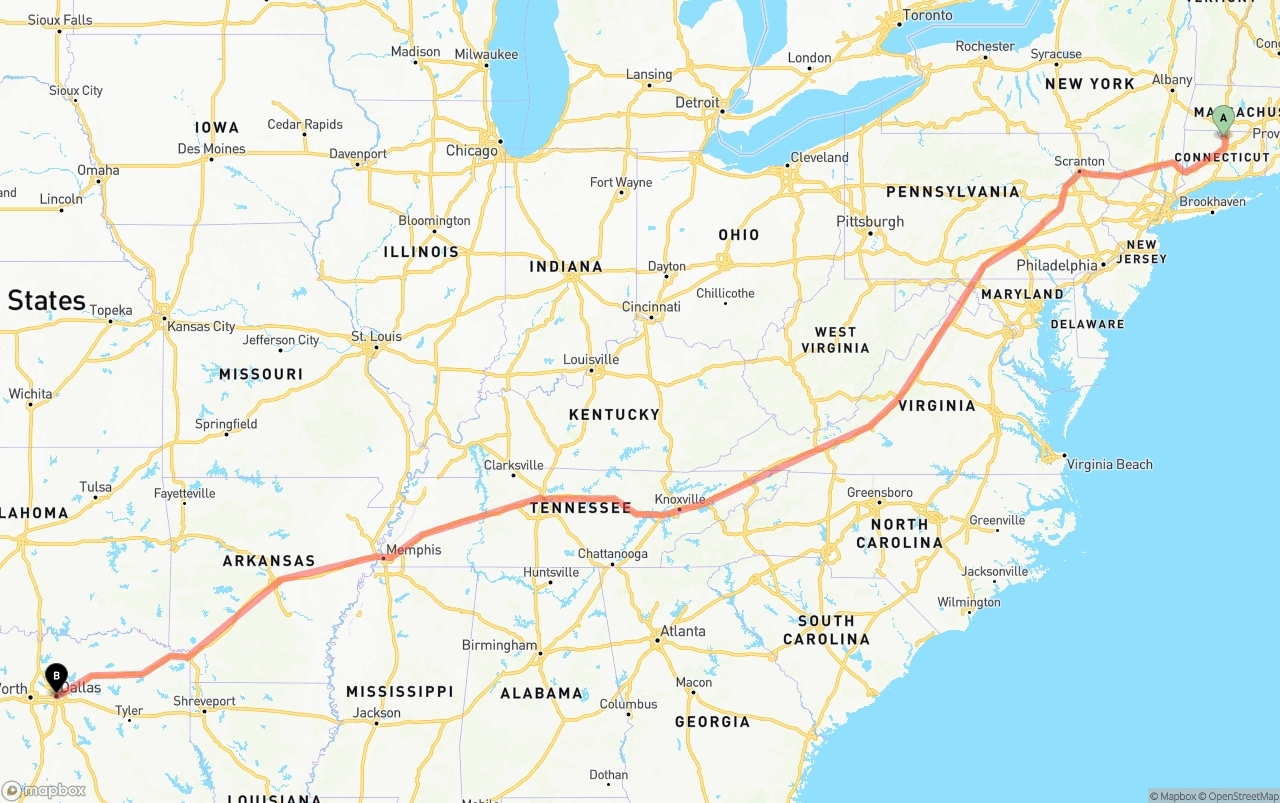 Shipping route from Bradley International Airport to Dallas
