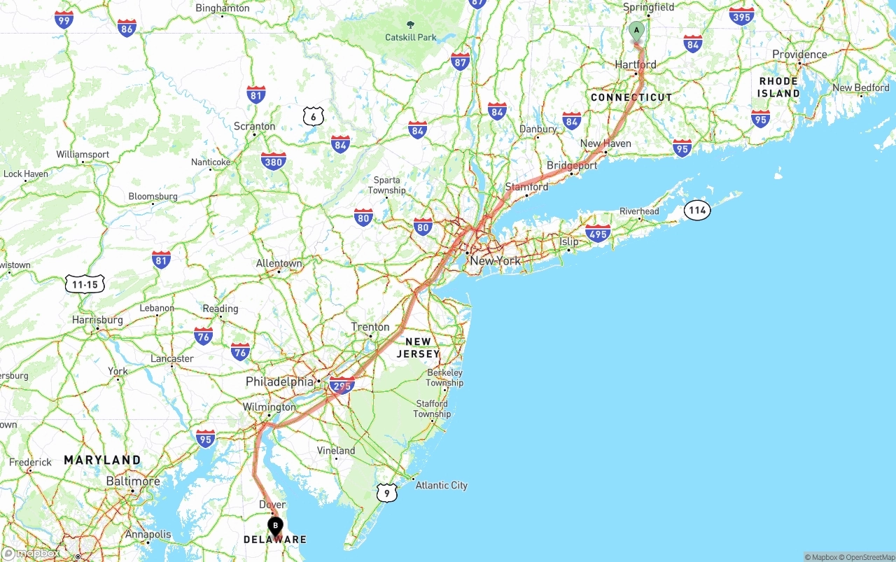Shipping route from Bradley International Airport to Delaware