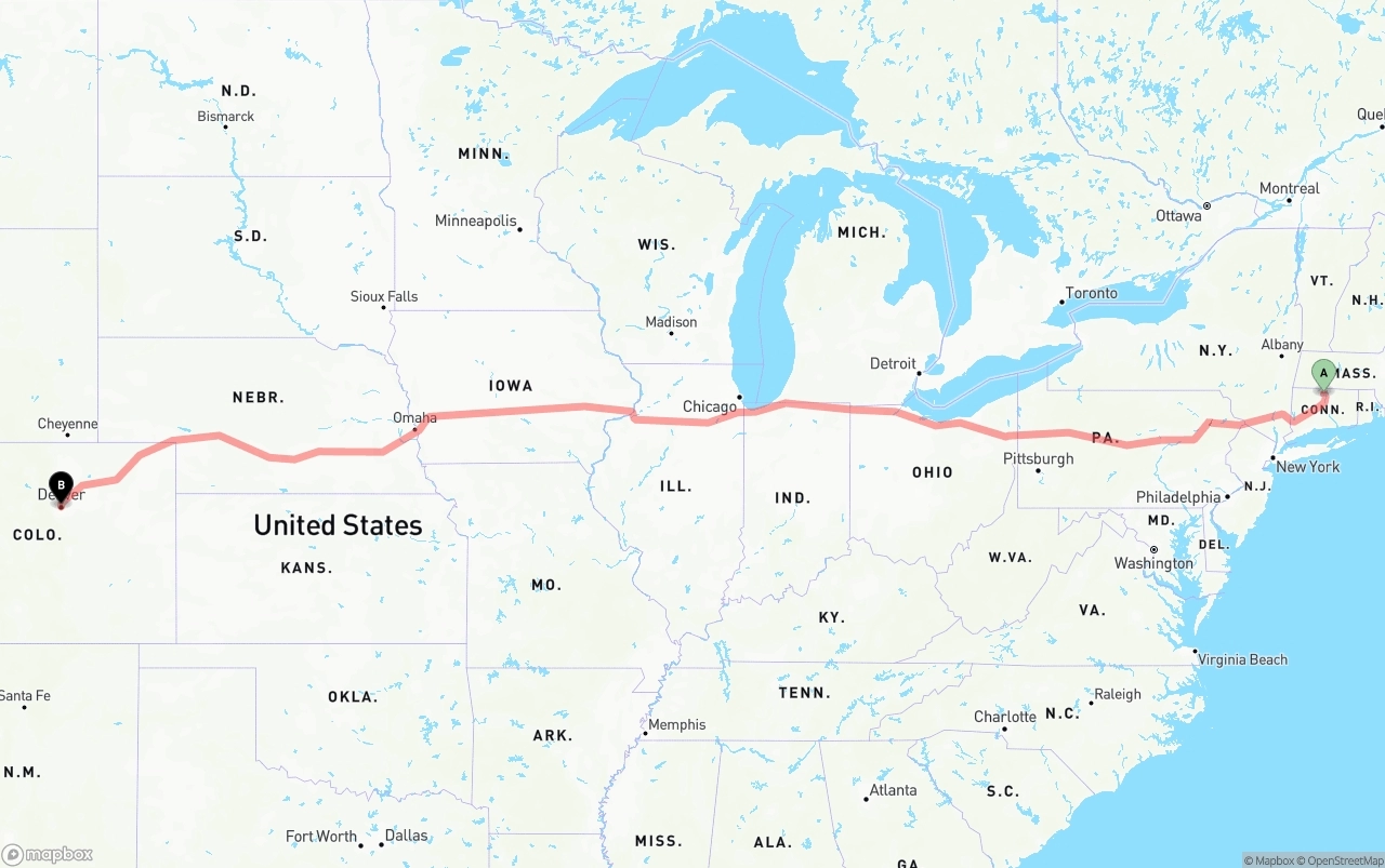Shipping route from Bradley International Airport to Denver
