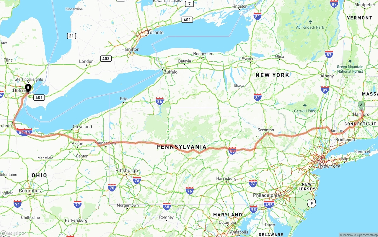 Shipping route from Bradley International Airport to Detroit
