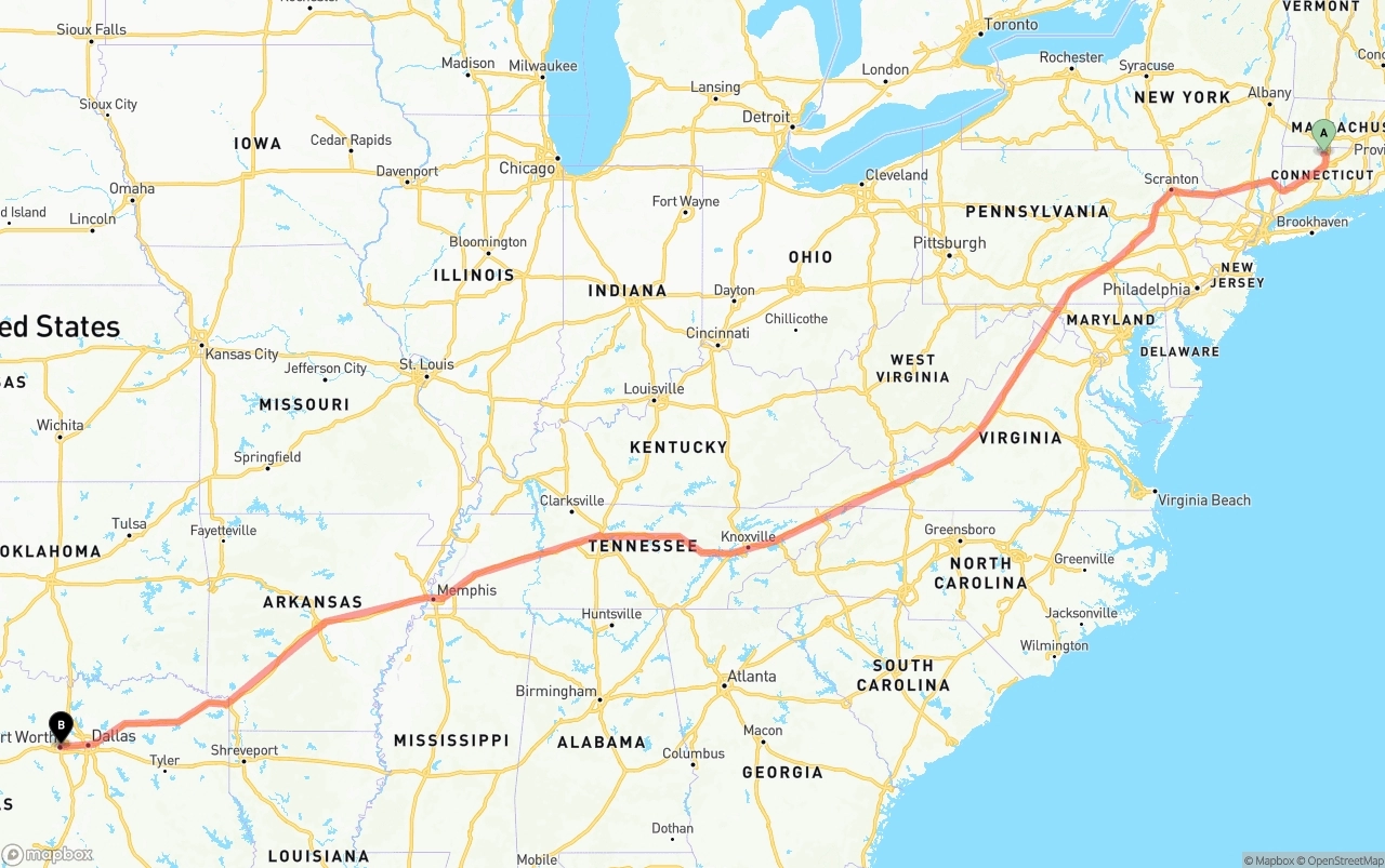 Shipping route from Bradley International Airport to Fort Worth