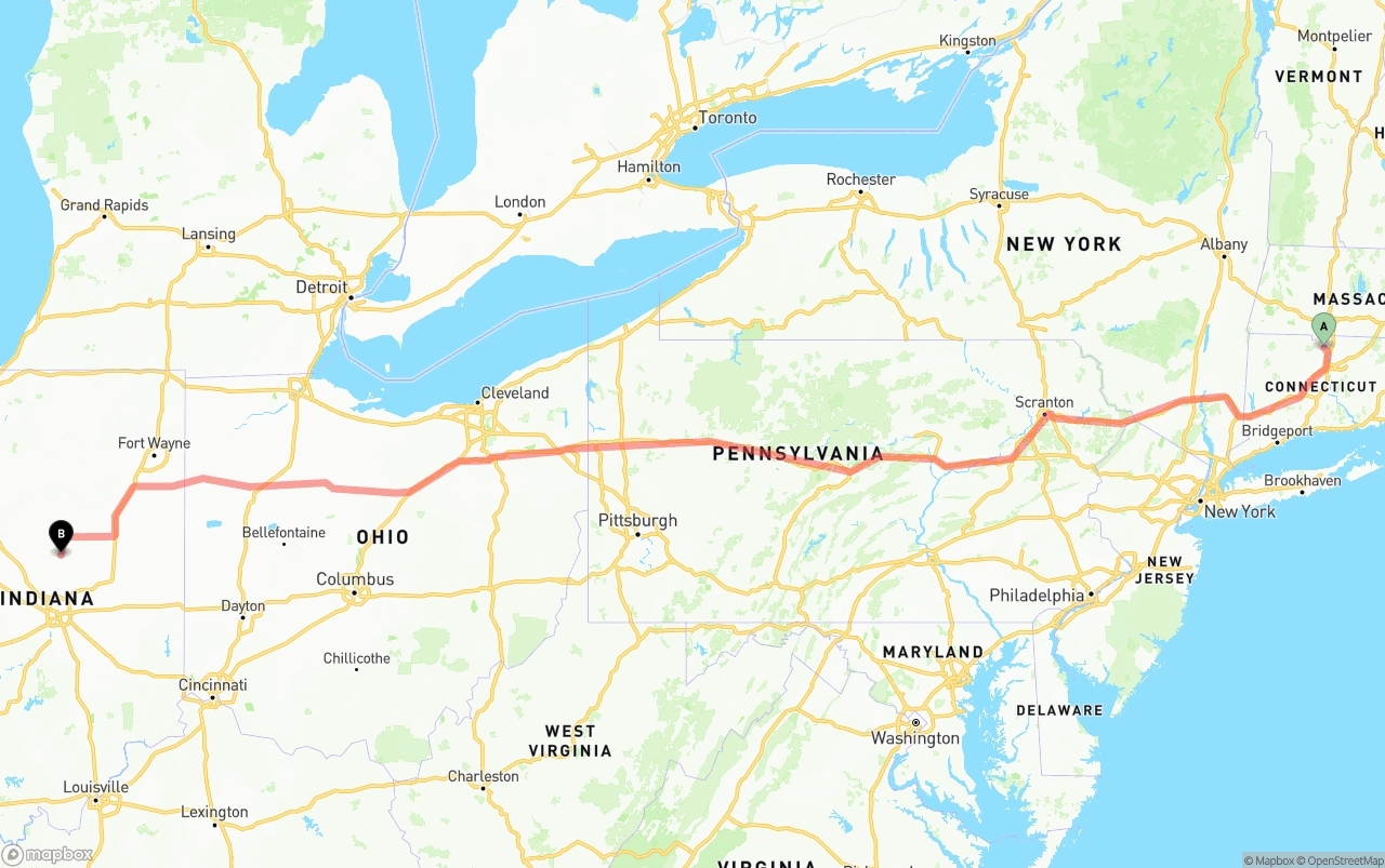 Shipping route from Bradley International Airport to Indiana