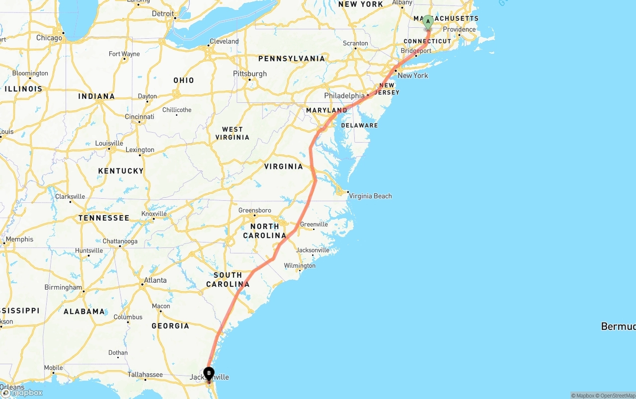 Shipping route from Bradley International Airport to Jacksonville