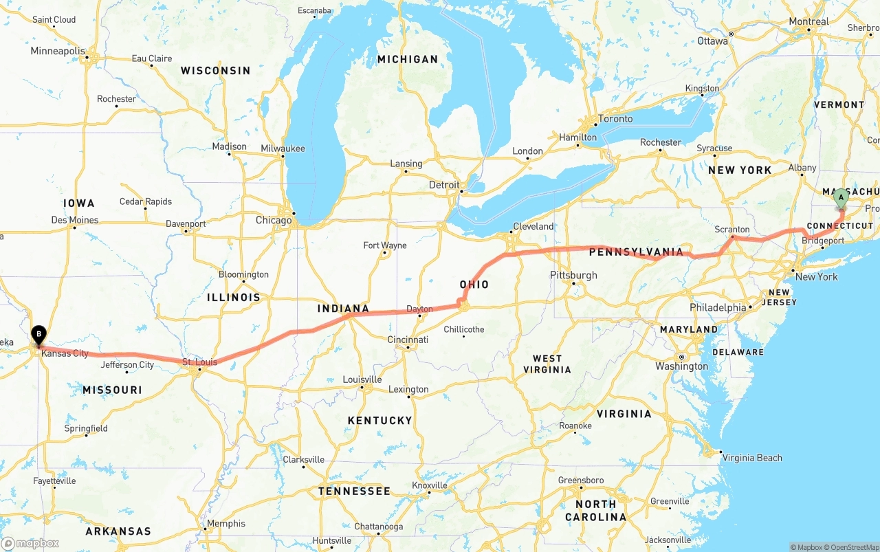 Shipping route from Bradley International Airport to Kansas City
