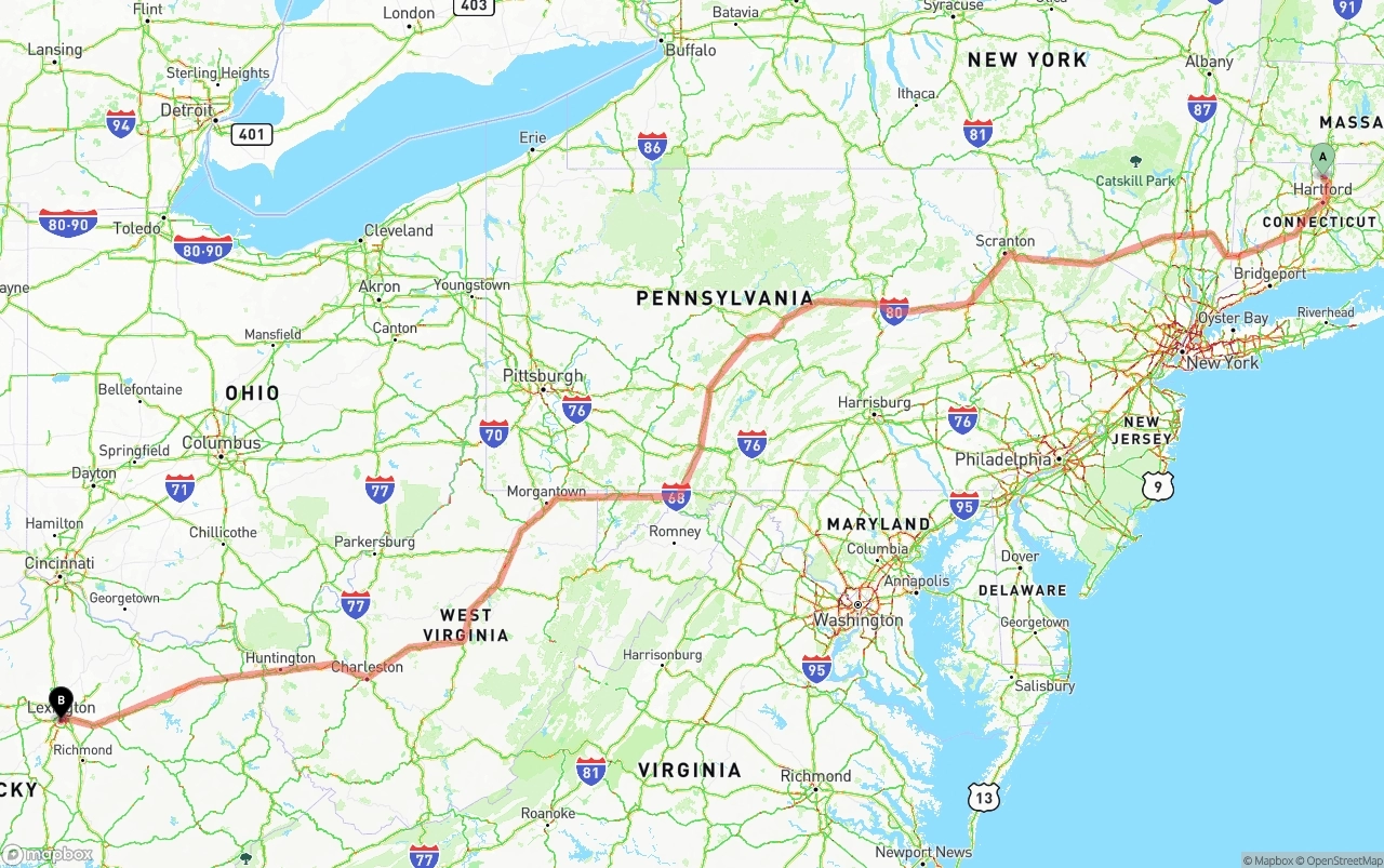 Shipping route from Bradley International Airport to Lexington