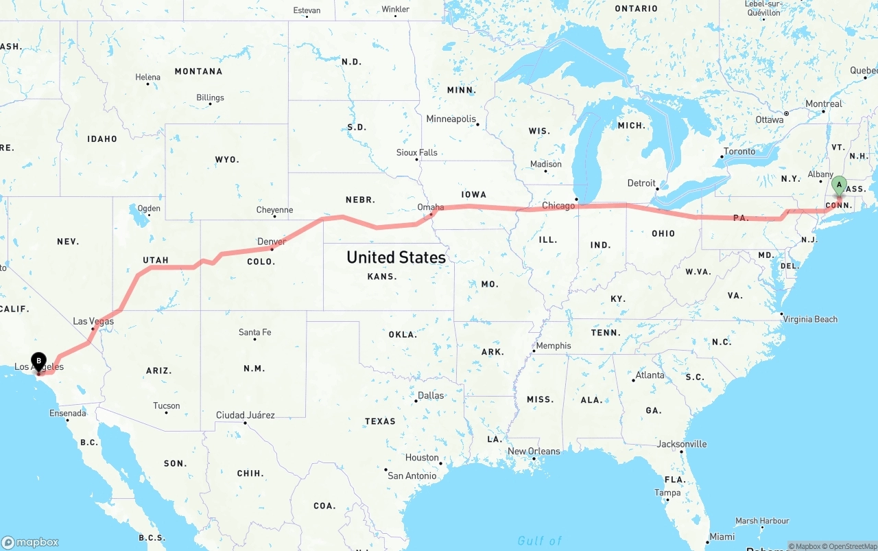 Shipping route from Bradley International Airport to Los Angeles