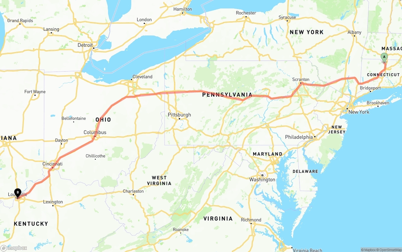 Shipping route from Bradley International Airport to Louisville